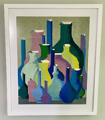 #ad New Framed “Blue Bottles” Needlepoint tapestry wall hanging original $135.00