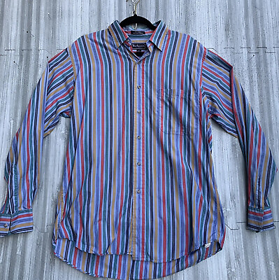 #ad Burberry London Mens Medium Rainbow Color Stripe Long Sleeve Button Made In USA $36.00