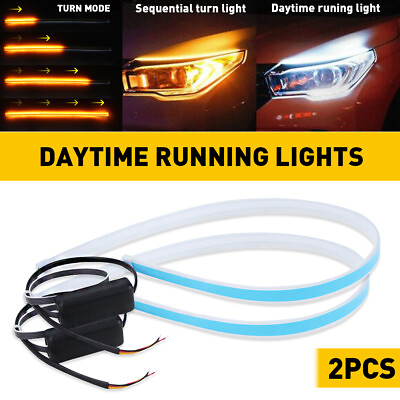 #ad 2 x 60CM For Headlight LED DRL Light Amber Sequential Flexible Turn Signal Strip $12.99
