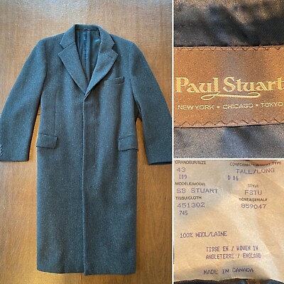 #ad PAUL STUART Size 43 Long Tall Gray Herringbone 100% Wool Long Coat Overcoat $199.99