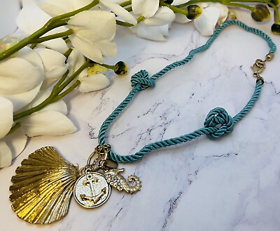 #ad Nautical Shell Rope Necklace Statement Gold amp; Teal 21” $12.98