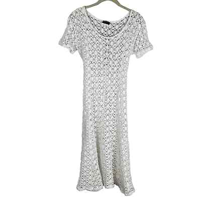#ad Vintage De Colores white net crocheted lace short sleeve dress pink rosette $45.00