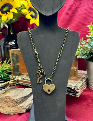 #ad NWOT Handcrafted Steampunk Necklace. 22quot; Antique Gold w Heart Padlock amp; keys $30.00