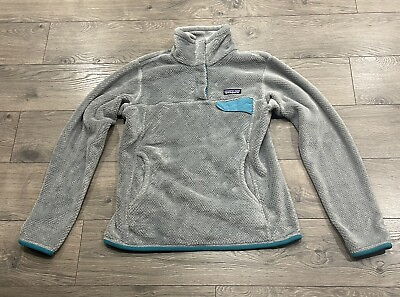#ad Patagonia Polartec Thermal Pro 1 4 Snap Fleece Women’s Large Gray with Turquoise $28.00