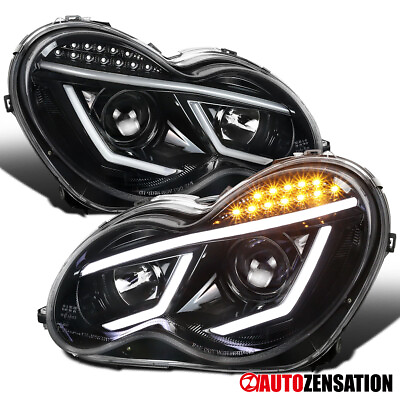 #ad LED Bar Fit 2001 2007 Benz W203 C Class Slick Black Projector Headlights Lamps $242.99