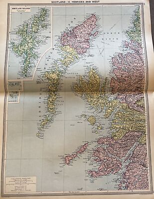#ad Antique Map 1920s Scotland West Hebrides Shetland Islands Railways Roads Battles $23.98