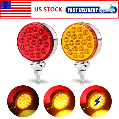 #ad 2x Round Red Amber 38 LED Dual Face Pedestal Fender Stud Stop Turn Tail Light 3quot; $30.98