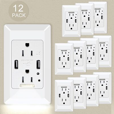 #ad 12 × LED Night Light Wall Socket 2 USB Ports 2 AC Outlet Duplex Receptacle Cover $186.77