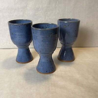 #ad Studio Art Pottery Chalice Goblet Blue Speckled 6quot; Set of 3 $21.50