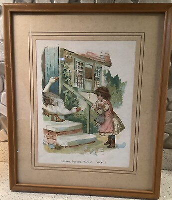#ad Vintage Framed Art “Goosey Goosey Gander” Young Girl With Geese $18.00
