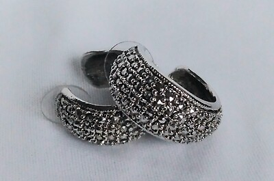 #ad Lined Marcasite Silver Tone Chunky Wide Hoop Hugger Earrings Pierced Unsigned $36.00