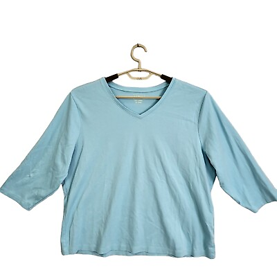 #ad LL Bean Top T Shirt Womens Blue Size 2X Regular Pullover 3 4 Sleeve V Neck $16.87