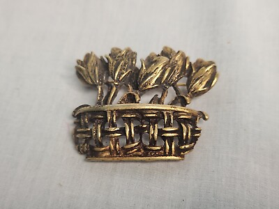 #ad Vintage Flowers In Basket Goldtoned Brooch Pin Tulips Spring Easter Mother#x27;s Day $7.00