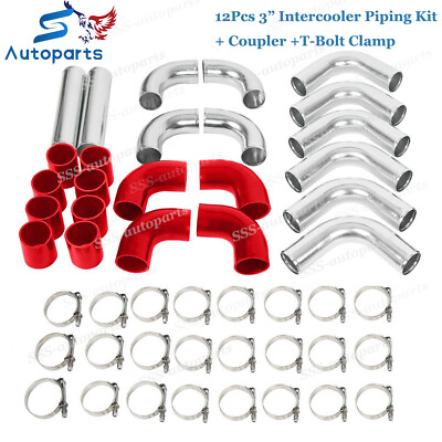 #ad 3quot; Diy Aluminum 12Piece Turbo Intercooler Piping Pipe Kit Polished Red Coupler $128.99