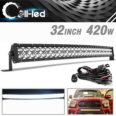 Curved 32inch 420W LED Light Bar Offroad Driving Fog Lamp Wiring Harness Kit $42.36