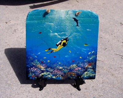#ad Scuba Diver hand painted Slate Painting nautical decor sea life animal rock art $59.00