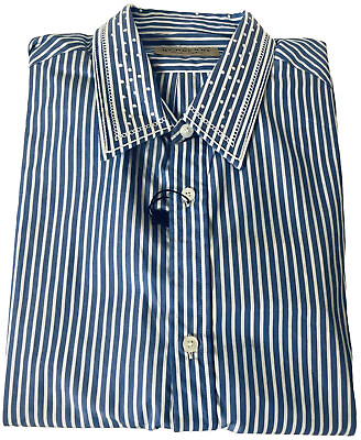 #ad Burberry Men’s Blue White Stripe Knot Stitch Long Sleeve Button Up Shirt New L $120.00