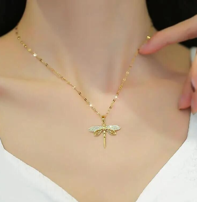 #ad Fashion Green Golden Dragonfly Pendant Necklace Stainless Steel 18K Gold Plated $69.98