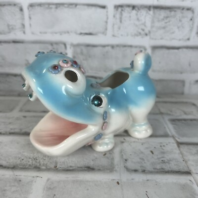 #ad Vtg Kreiss amp; Company Hippopotamus BLUE Ceramic Vanity Caddy Anthropomorphic $35.00