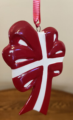 #ad Vintage Christmas Ornament Red Bow Ribbon Decor Ceramic Gift Tag $8.00