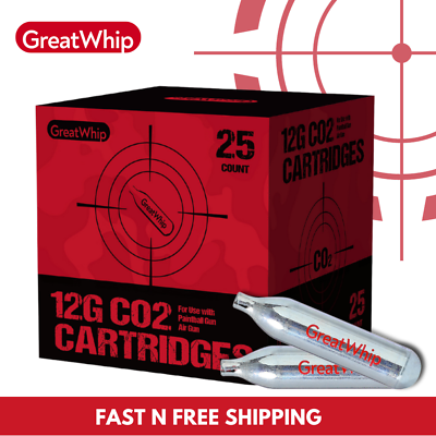 #ad 12G CO2 CARTRIDGE AIRSOFT BB GUN PAINTBALL NON THREADED GreatWhip 25 PACK NEW $23.99