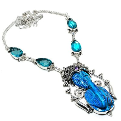 #ad Rainbow Calsilica Blue Topaz Gemstone 925 Sterling Silver Necklace Q687 $32.00