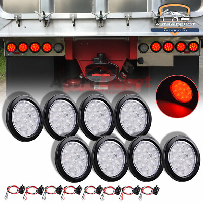 #ad 8X 4quot; Inch Truck Trailer 12 LED Round Backup Tail Stop RED Lights Grommet Wiring $49.98