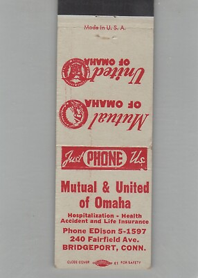 #ad Matchbook Cover Mutual amp; United Of Omaha Bridgeport CT $4.95