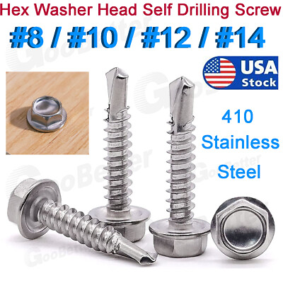 #ad #8 #14 Hex Washer Head Self Drilling Sheet Metal Tek Screws 410 Stainless Steel $6.19