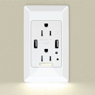 #ad LED Night Light Wall Socket 2 USB Ports 2 AC Outlet Duplex Receptacle with Cover $19.97