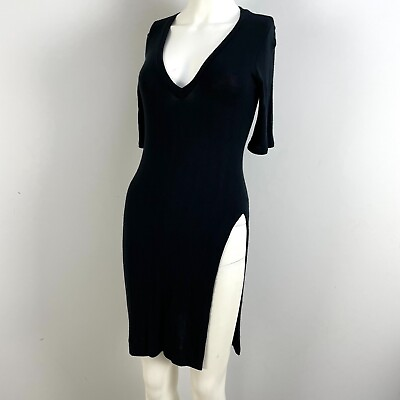 #ad Sen Womens Size 2 Black Side High Slit Dress Short Sleeve V Neck Tunic $24.99