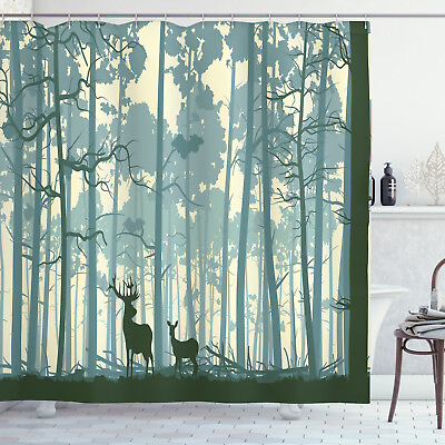 #ad Deer Shower Curtain Animals in Foggy Forest Print for Bathroom $31.99