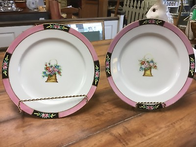 #ad 2 9’ In Salad Plates Antique Nippon Hand Painted Pink Edge Floral Basket LOOK $19.99