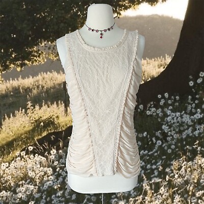#ad Y2k 2000s Blouse Medium Ivory Lace Ruched Floral Sleeveless Fairy Whimsigoth $20.00
