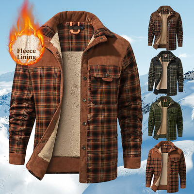 #ad Men Check Button Fleece Jacket Thermal Lined Winter Warm Sweatshirt Thick Coat $39.39