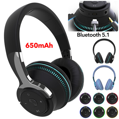 #ad Bluetooth 5.1 Headphone Wireless Earphone Colorful LED Light Stereo Bass Headset $25.26