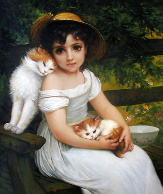 #ad Dream art Oil painting lovely little girl with her pets cats in view on canvas $81.99