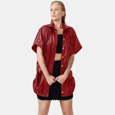 #ad Stylish Red Genuine Soft Lambskin Leather Oversized Women Shirt Part Wear Casual $180.00