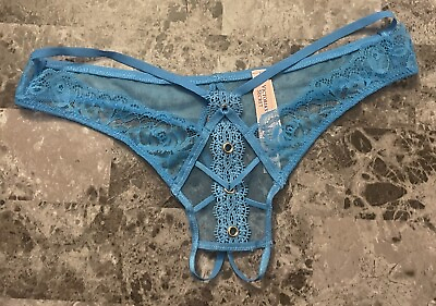 #ad NWT VICTORIA#x27;S SECRET BLUE LACE MESH STRAPPY GOLD RING CROTCHLESS THONG PANTIES $33.24