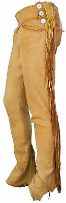 #ad Men Native American Western Soft Buckskin Buffalo Ragged Leather Pants Nl02 $79.90