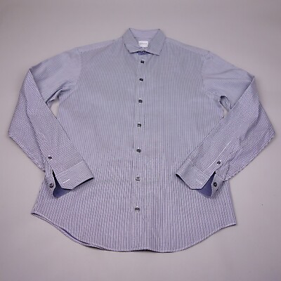 #ad Armani Collezioni Button Up Shirt Medium Blue Striped Cotton $27.07