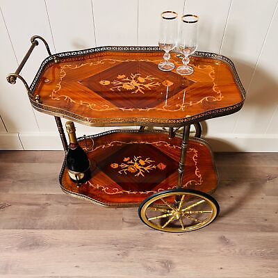 #ad Vintage 3 Wheels Trolley Hollywood Regency Italian Marquetry Inlaid Bar Cart $1237.99