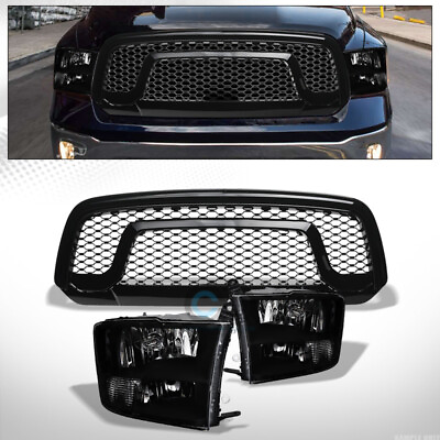 #ad Fits 13 18 Dodge Ram 1500 Black Quad Headlights nbRebel Honeycomb Mesh Grille $285.95