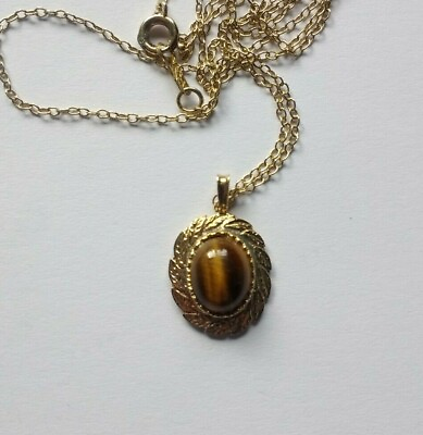 #ad 22ct Gold Plated on Silver Tigers Eye Pendant Gold Plated on Silver 18quot; Chain GBP 24.50