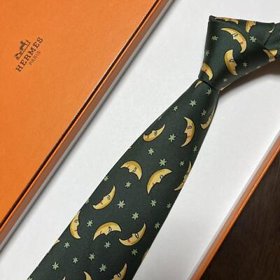 #ad Hermes Tie for Men Moon Star Pattern Moss Green Silk No Box Used $68.85
