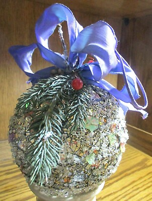 #ad True Vintage XL CHRISTMAS Ornament Hand Made Glitter Holly Purple Ribbon 544 $13.49