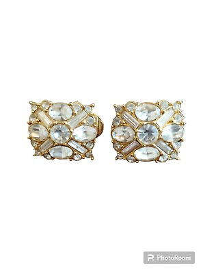 #ad Vintage Monet Gold Tone Rhinestone Clip On Earrings Rectangle Size 3 4quot; Statemen $20.99