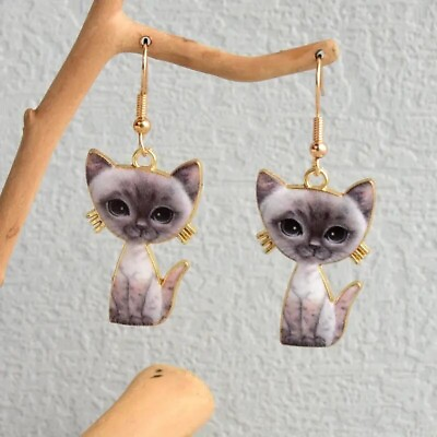 #ad Lovely Gray Cat Design Dangle Earrings Cartoon Zinc Alloy Jewelry Gift Women New $9.98