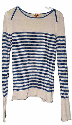 #ad Tory Burch Light Knit Sweater Shirt Long Sleeve Striped Beige Blue Size Medium $29.99