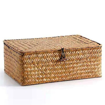 #ad #ad Rectangular Wicker Storage Bin with Lid Rattan Basket Decorative Boxes Organizer $12.86